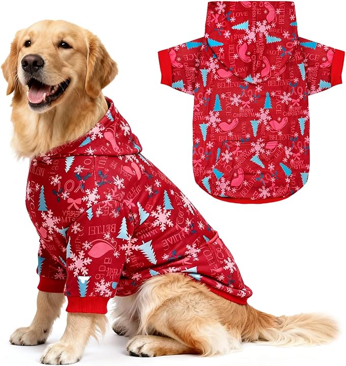 Red Christmas Dog Hoodie Soft Warm Fleece Lined Dog Sweater Hoodie with Leash Hole and Pocket Elastic Xmas Pet Coat Clothes Dogs Sweatshirt for Small Medium Large Size Dogs(Red B,X-Large)