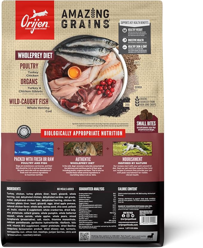 ORIJEN Amazing Grains High Protein Dry Dog Food Small Breed Recipe 4lb Bag