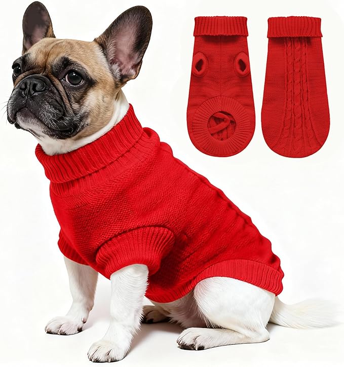 Knitted Dog Sweater for Small Dogs, Pullover Turtleneck Pet Sweaters, Winter Dog Clothes, Warm Soft Winter Holiday Cat Sweater, Red, S