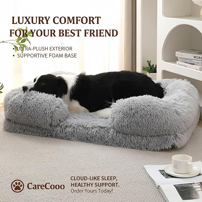 CareCooo Orthopedic Dog Bed for Medium Dogs - Washable Memory Foam Pet Sofa, Fluffy Plush Rectangular Bed, Waterproof Anti-Anxiety Couch, Light Gray, M