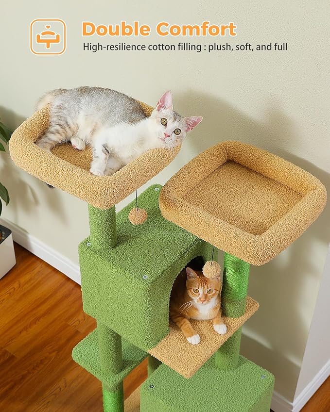 MUTTROS Cactus Cat Tree, 52.4" Cat Tower for Indoor Cats, Cute Cat Tree with 2 Padded Perches, 2 Condos & 2 Scratching Posts, Green