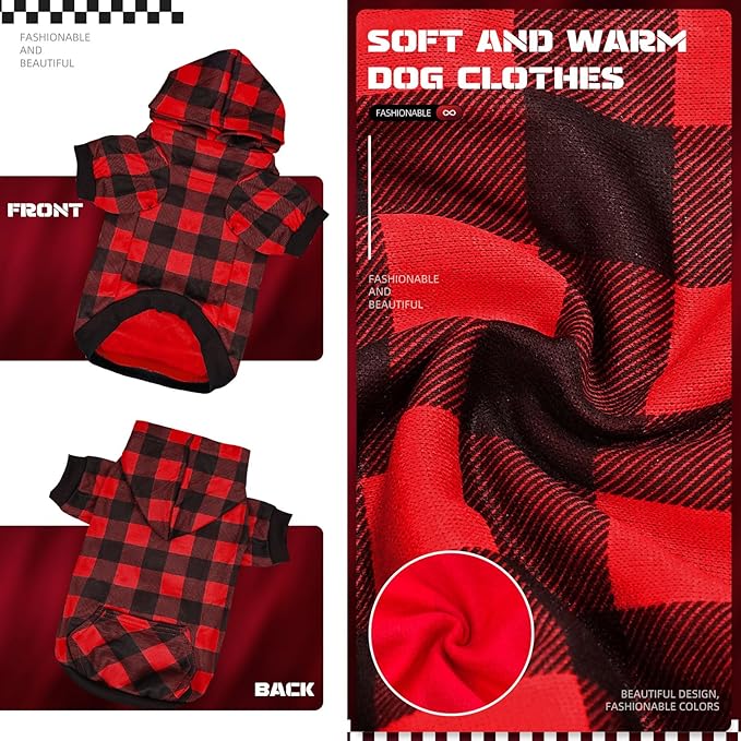 Red Plaid Dog Hoodie Soft Warm Fleece Lined Dog Sweater Hoodie with Leash Hole and Pocket Elastic Pet Coat Clothes Dogs Sweatshirt for Small Medium Large Size Dogs(Red A,XX-Large)