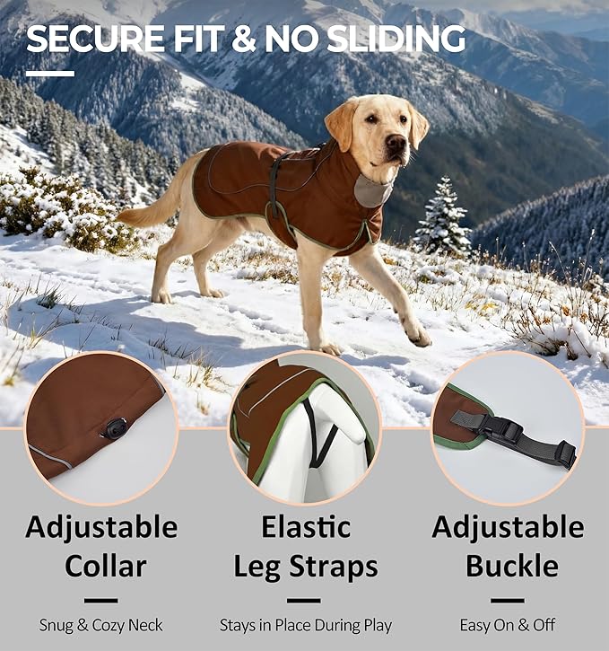 Softshell Dog Winter Vest, Fleece Lined Water-Repellent Jacket for Hiking & Running, Adjustable Windproof Winter Coat with Anti-Slip Leg Straps for Active Dogs (Brown, Small)