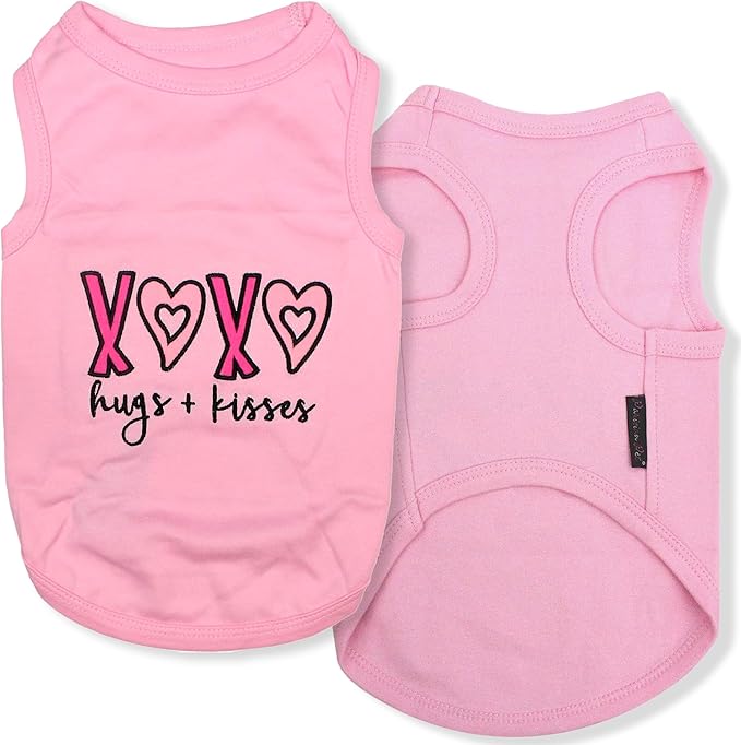 Parisian Pet Dog Tshirt - Embroidered “ XOXO “ 100% Cotton, Tank Top - Lightweight Puppy Clothes Female - Pink Dog Tee Shirts for Small Dogs Girl - XXS