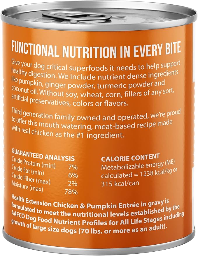 Health Extension Wet Dog Food Chicken & Pumpkin Entrée in Gravy, 9 oz - Digestive Support with Superfoods & Antioxidants for Immune Support (Case of 12 Cans)