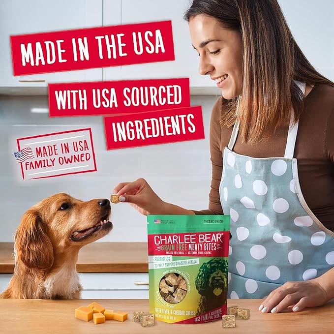 Charlee Bear Grain Free Meaty Bites Freeze Dried Dog Treats, Beef and Cheese, 2.25 Ounce Resealable Bag, Training Treats or Meal Topper Dogs, High Protein Dog Snacks, Made in USA
