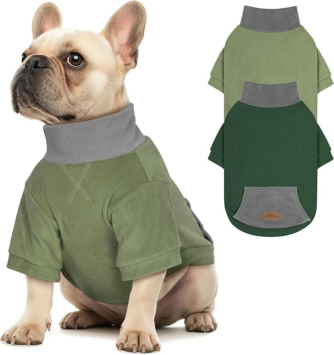 cyeollo 2 Pack Dog Sweaters for Small Dogs Boy Girl, Warm Fleece Dogs Sweater with Sleeves, Turtleneck Stretchy Doggy Sweatshirt Winter Dog Clothes, Green & Blackish Green M