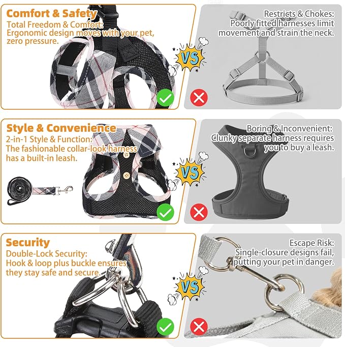 KOOLTAIL Small Dog Harness and Leash Set, Cute Puppy Harness, Step in No Pull Soft Mesh Pet Vest Harness Collar for Small Size Dogs Cats Boy Girl, Plaid Dog Halters for Outdoor Walking, Beige S