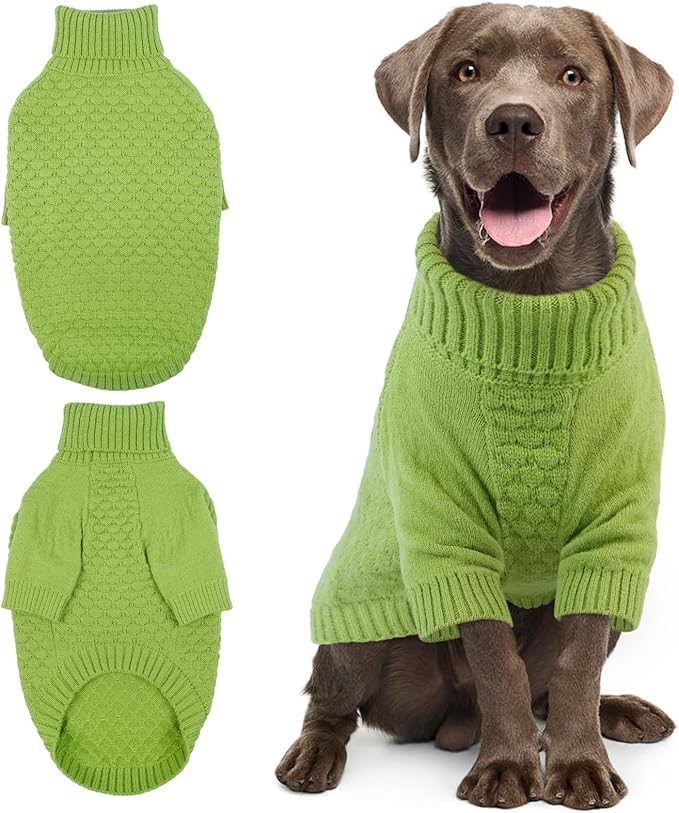Kuoser XXL Dog Sweater, Dog Sweaters for Extra Large Dogs Girl Boy, Pet Christmas Sweaters Winter Big Puppy Turtleneck Knitwear, Pet Thick Warm Sweater for Large Size Dogs, Green 2XL