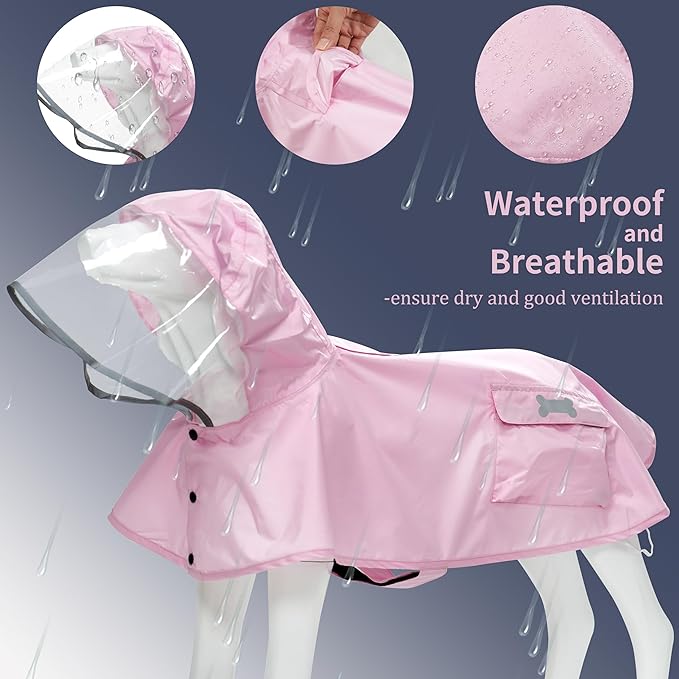 Waterproof Dog Raincoat, Adjustable Reflective Lightweight Pet Rain Clothes with Poncho Hood (Light Pink, Medium)