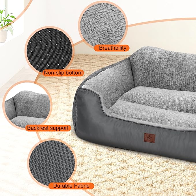 XL Dog Beds, Bolsters Dog Bed for Extra Large Dogs, High Back Pet Bed Big Pet Couch Sofa with Non-Slip Bottom, 39”x31”x9”, Grey