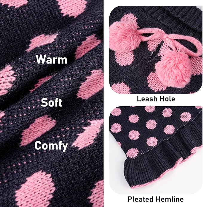 KYEESE Dog Sweaters with Leash Hole Small Dogs Sweater Dress Polka Dot Knitwear Warm for Girl Dog Clothes with Pom Pom Ball, M