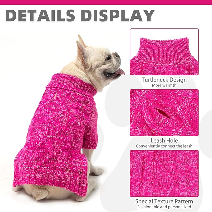 KOOLTAIL Dog Sweater for Large Medium Small Dogs, Fall Dog Sweaters, Turtleneck Cable Knitwear Pet Cold Weather Coats with Leash Hole, Warm Winter Pullover Clothes for Bulldog, Yorkie,Boy Girl, Rose L