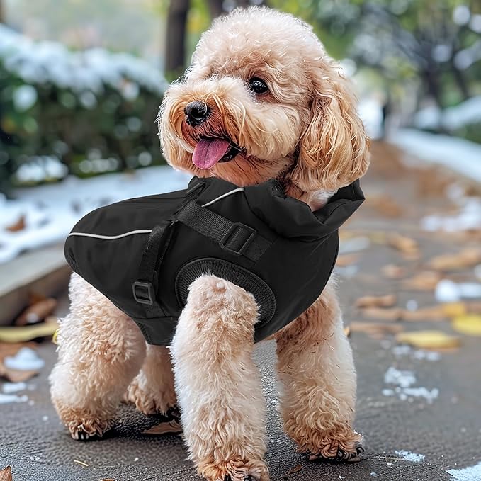 Dog Winter Coat Reflective Water-Resistant Jacket, Fleece Lined Windproof Puppy Coat with Back Zipper & D-Ring, Cold Weather Dog Coats for Small Medium Dogs (L, Black)