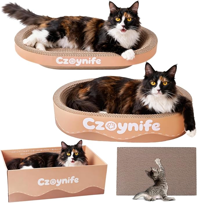 Czoynife 3PCS Cat Scratcher Cardboard, Oval Cat Scratch Pad Bowl Nest for Indoor Cats, Round Cat Scratching Board Corrugated Lounge Cat Bed, Furniture Protector for Couch (Brown, 17 * 11.5 in)