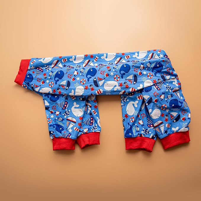 LovinPet Large Dog Outfits, Pajamas for Large Dogs, Lightweight Stretch Jersey Knit, Blue Nautilus Print, Dog Onesie for Surgery, Uv Protection Shirt, Easy to Wear Adorable Dog Jumpsuit,3XL