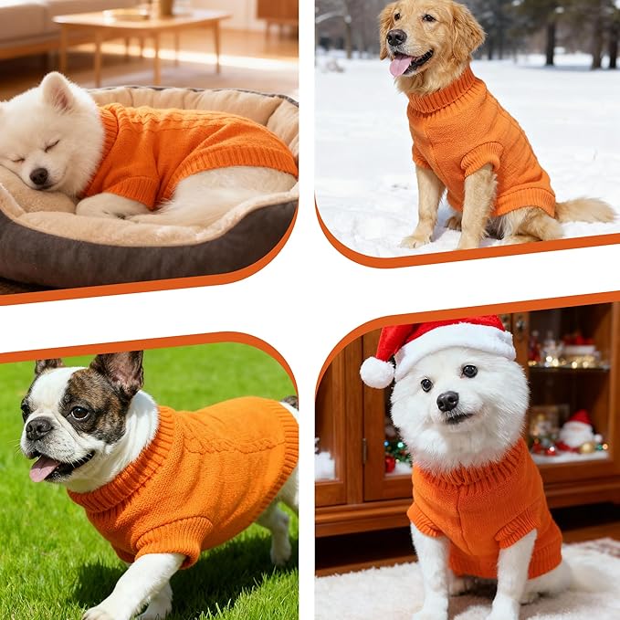 Knitted Dog Sweater for Small Dogs, Pullover Turtleneck Pet Sweaters, Winter Dog Clothes, Warm Soft Winter Holiday Cat Sweater, Orange, M