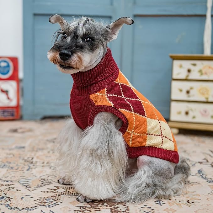 KOOLTAIL Small Dog Sweater, Knit Turtleneck Fall Thanksgiving Dog Sweaters for Medium Large Dogs, Plaid Pullover Cold Weather Knitwear Pet Winter Warm Clothes, Puppy Coat for Girls Boys, Orange M
