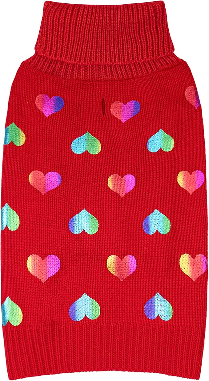KYEESE Valentines Dog Sweater, Soft Turtleneck Small Dog Sweater, Stretchy Pullover Pet Sweaters for Small Dogs, Comfy Dogs Coat with Leash Hole, Warm Pet Clothes with Heart Sequined Printing, M