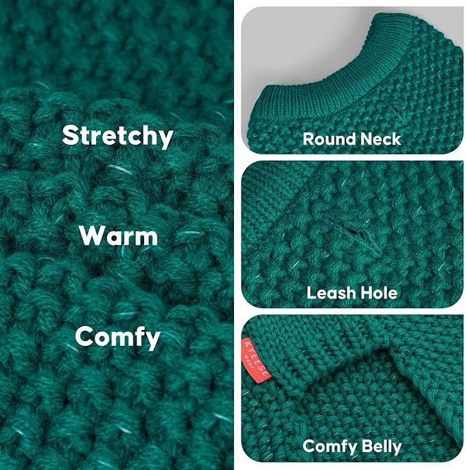 KYEESE Dog Sweater with Leash Hole for Small Dogs Male Warm Pullover with Reflective Thread Soft Knitwear Boy Dog Clothes Cozy Lightweight Thick Sweater Pet Indoor Outdoor Wear,Green,X-Small