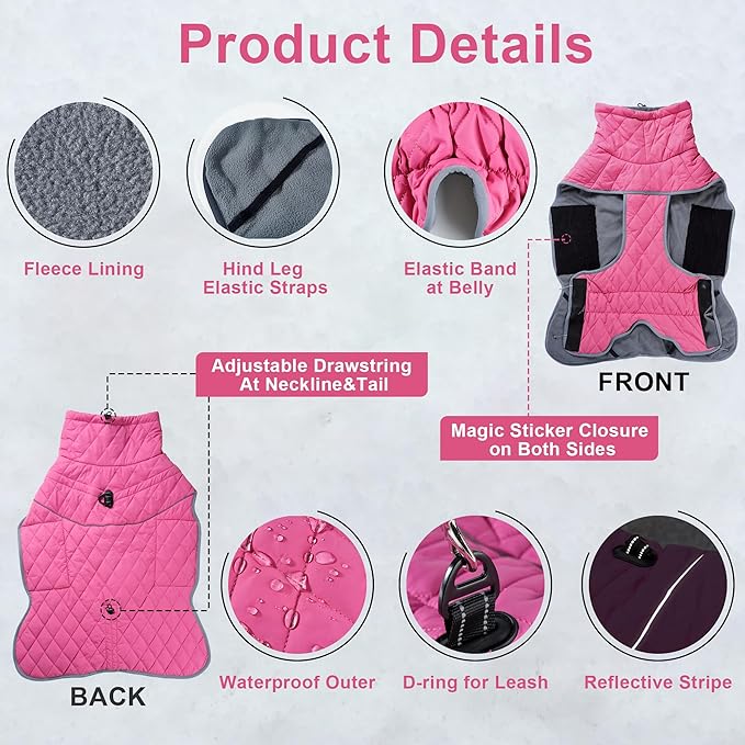 Dog Winter Coat with Harness, Reflective Windproof&Waterproof Fleece Jacket for Cold Weather, Dog Pullover Jumpsuit Snowsuit for Small Medium Large Dogs, Pink M