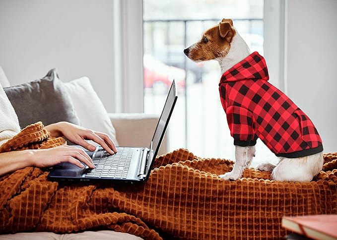 Dog Sweater Red Buffalo Plaid Pet Clothes Warm and Soft Breathable Cozy Small Pet Hoodies Dog Sweaters for Small Dogs with Pocket(XS)