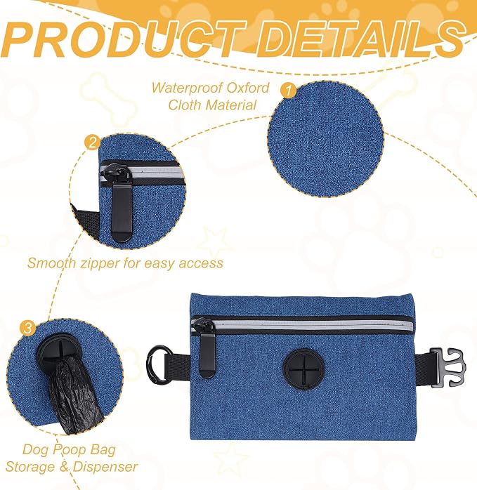 Dog Poop Bag Holder, Pet Waste Bag Dispenser Dog Treat Pouch with Zipper Oxford Cloth Portable Reusable Easy Cleanup(2Pcs, Gray/Navy Blue), Intended for Outdoor/Travel/Walking