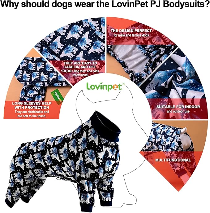 LovinPet Big Dog Pajamas, Post Surgery Onesie UV Protection, Blue Triangle Print, Lightweight Stretchy Big Dogs Pullover Shirt, Full Coverage Large Breed Dog Jammies, Pet PJ's, 3XL