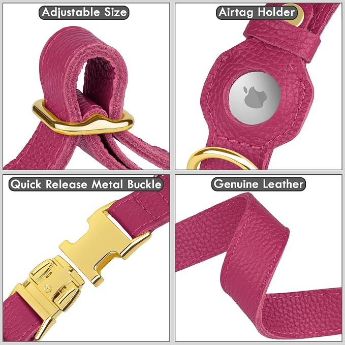 Leather Airtag Dog Collar - Soft Tracking Dog Collar with Apple AirTag Holder and Metal Buckle - Safety GPS Pet Collars for Small Medium Large Dogs Puppy Pink Red (Pink, L, 17"-21" Neck Fit)
