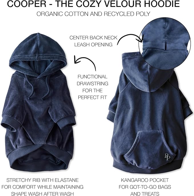Cooper II Organic Cotton Velour Dog Hoodie Pet Coat for Small, Medium and Large Dogs, Navy, X-Large (55-80 lbs)
