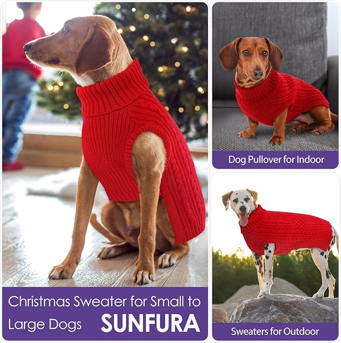 SUNFURA Christmas Dog Sweater, Dog Sweaters for Medium Dogs Girl Boy, Warm Soft Sweaters Pullover for Fall Winter, Solid Color Turtleneck Knitwear Clothes for Pug, Yorkie, Boston Terrier, Red M