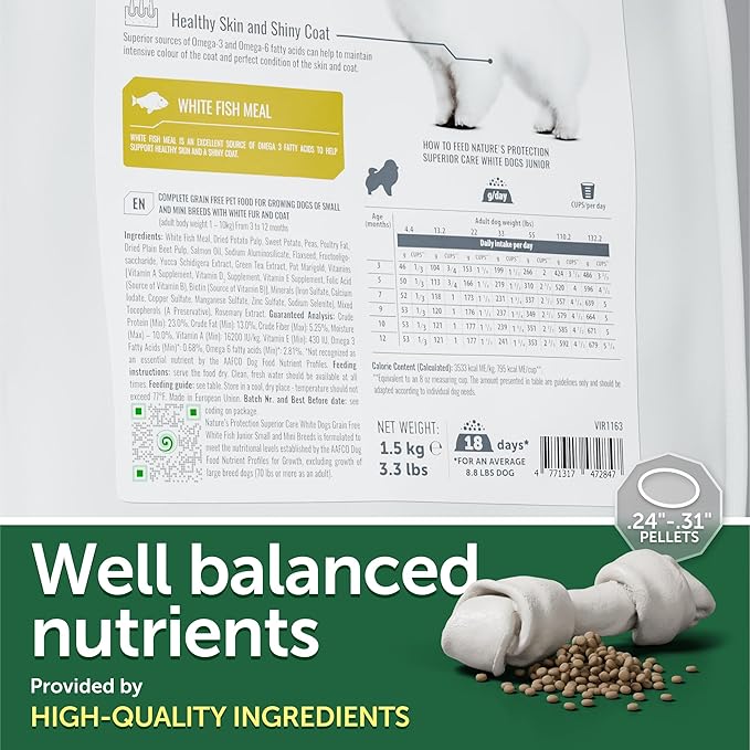 Nature's Protection Puppy Food Small Breed - High Protein, Grain Free, Tear Stain Formula Dry Dog Kibble for White & Light Fur Dogs (Superior Care - White Fish, 22 lb)