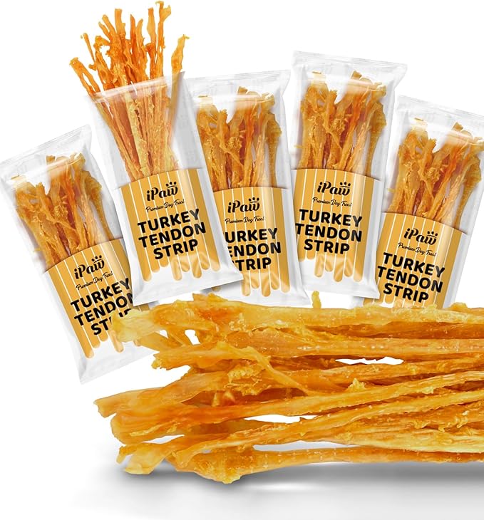 iPaw Turkey Tendons for Dogs, 100% Turkey and US Sourced Raw Material, Hypoallergenic, All Natural Human Grade Puppy Chew, Rawhide Alternative Dog Treats, 5 Unit/Pack Strip