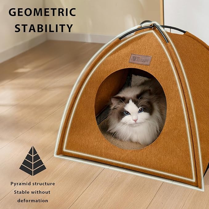 VERABE Cat Tent, Waterproof Indoor Outdoor Cat House Bed with Removable Cushion - All-Season Assembly-Free Cozy Cave for Cats &Small Dogs (Small, Yellow-Brown)