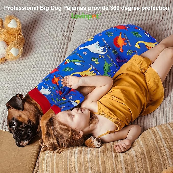 LovinPet Pitbull Large Dog Clothes, Wound Care/Post Surgery Dog Clothes, Lost World Dinosaurs Print, UV Protection, Pet Anxiety Relief, Large Dog Onesies, Pet PJ's /2XL