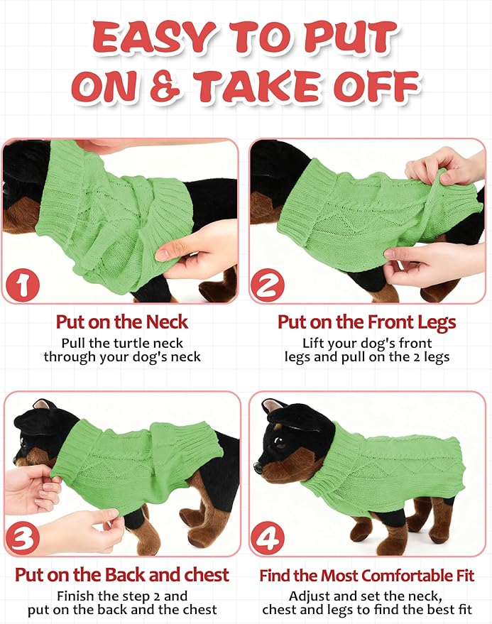 2PCS Dog Christmas Sweater, Soft Warm Pet Clothes Coat for Small Medium Large Dogs and Cats Boy Girl, Fall Cozy Holiday Turtleneck Knitting Collar Pullover Pup Outfit Costume for Thanksgiving New Year
