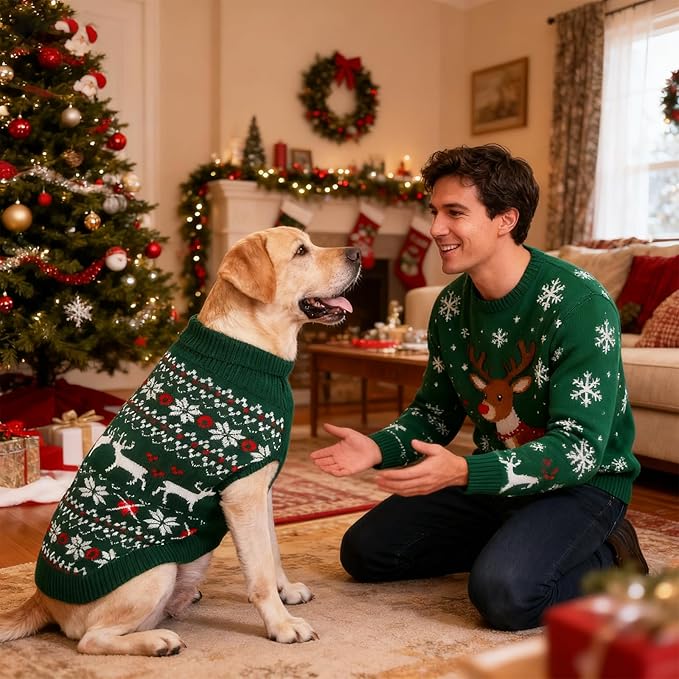 KOOLTAIL Christmas Dog Sweater, Cold Weather Pullover Classic Knitwear, Reindeer Snowflake Pattern Thick Warm Winter Pet Clothes, Cable Knit Sweaters for Small Medium Large Dogs Boy Girl, Green L/XL