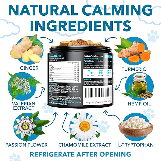Hemp Calming Chews for Dogs with Anxiety and Stress - 180 Soft Dog Calming Treats - Dog Anxiety Relief - Storms, Fireworks, Thunder, Barking, Separation Aid - Valerian Root - L-Tryptophan - Hemp Oil