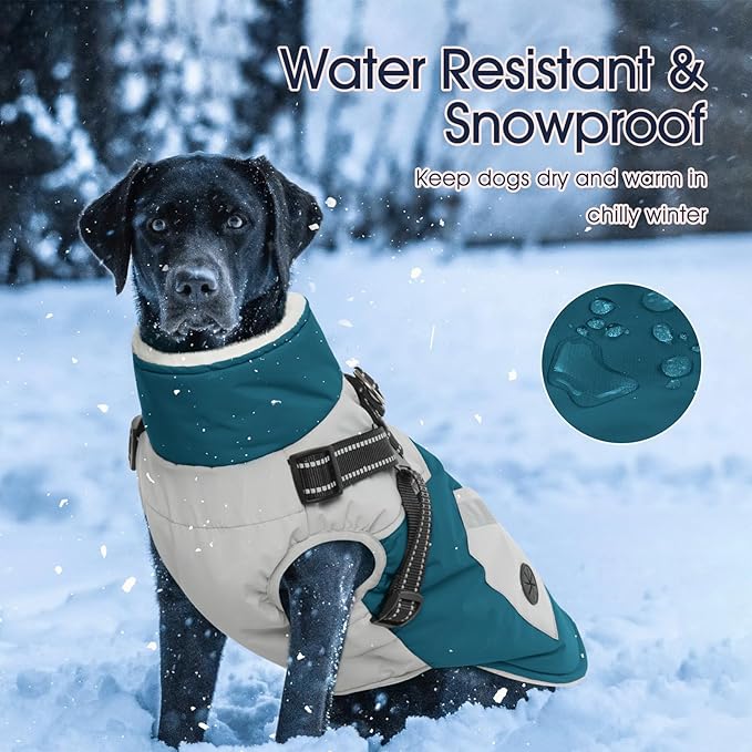 IECOii Dog Coat for Large Dogs Waterproof Dog Winter Jacket with Harness Built in, Turquoise Green - XXLarge, Thermal Warm Fleece Lined, Reflective Dogs Jackets for Cold Weather Hiking, Pitbull