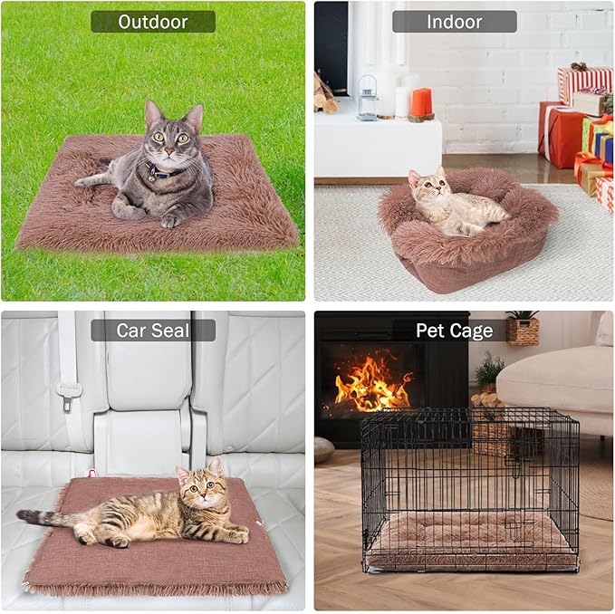 SCENEREAL Self Warming Cat Bed, Heated Cat Bed Mat for Cats Small Dogs, 2 in 1 Soft Plush, Washable Pet Pad for Indoor Outdoor Kitten Puppy, Brown 24" x 20"