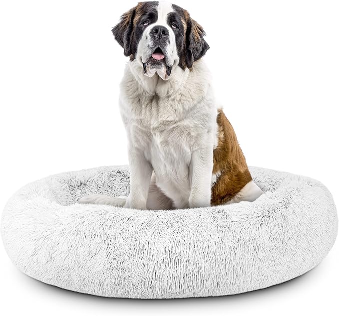 The Dog’s Bed Sound Sleep Donut Dog Bed, XXL Ice White Fur Calming Nest Bed Removable Cover, Veterinary Approved