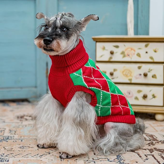 KOOLTAIL Dog Christmas Sweater, Knit Turtleneck Cold Weather Dog Sweaters for Small Medium Large Dogs, Red and Green Plaid Pullover Knitwear Pet Winter Warm Clothes, Puppy Sweater for Girls Boys S