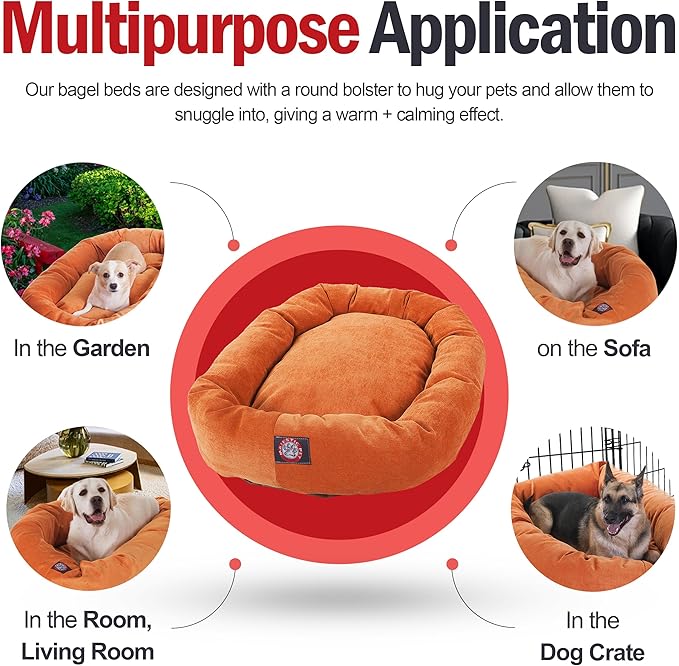 Majestic Pet 32 Inch Micro Velvet Calming Dog Bed Washable – Cozy Soft Round Dog Bed with Spine for Head Support - Fluffy Donut Puppy Mat 32x23x7 (inch) Medium – Orange