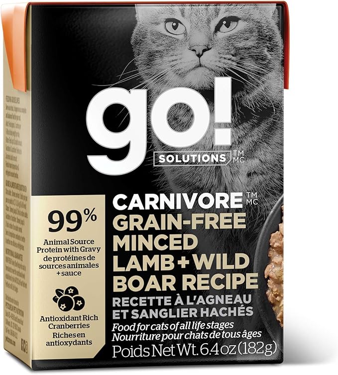 Go! Solutions Carnivore, Grain-Free, Protein Rich Wet Cat Food, Minced Lamb and Wild Boar Recipe, 6.4 oz