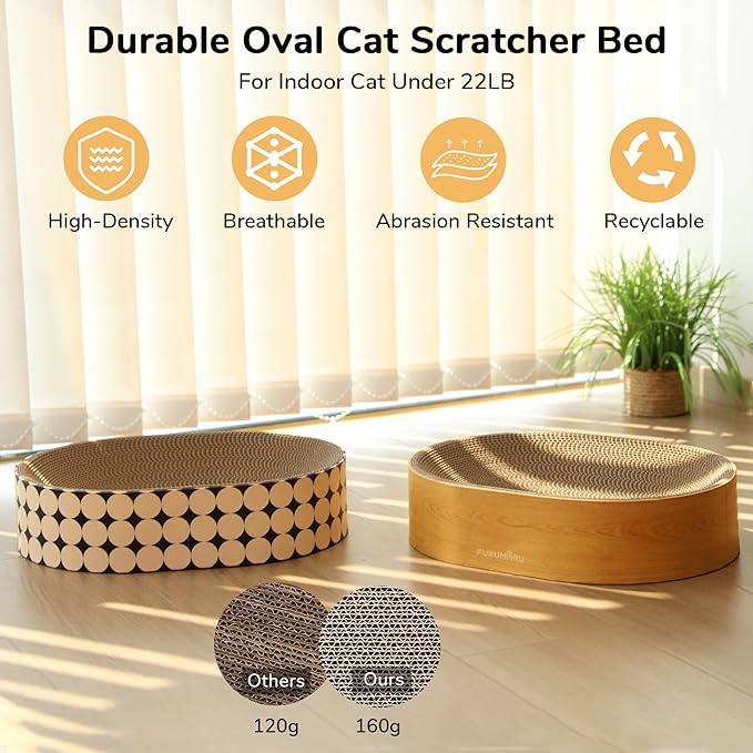 FUKUMARU Cat Scratcher Cardboard Lounge Bed, 2-in-1 Cat Scratch Pad, Oval Cats Scratching Board Indoor, Durable Modern Kitty Scratcher Bowl, Cats Scratch Furniture Protector, Wood Color