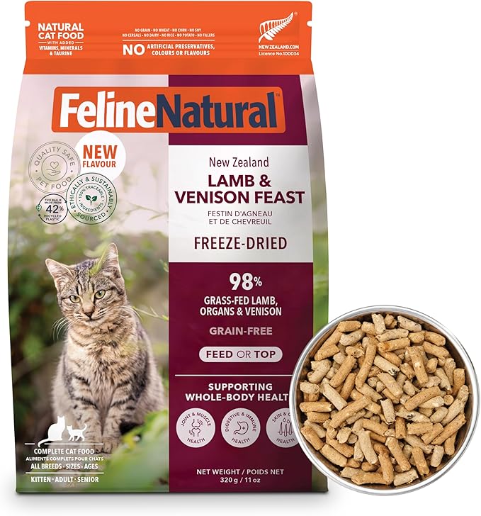 Feline Natural Freeze Dried Cat Food - Grain-Free and High Protein Cat Food from New Zealand, Complete Meal or Topper for Kittens, Adults, and Senior Cats, Grass-Fed Lamb and Venison, 11 oz