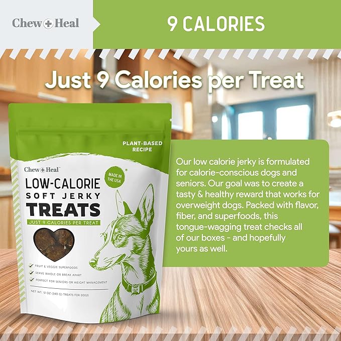 Chew + Heal Labs Low Calorie Dog Jerky Treats - 12 oz of Vegan Plant Based Natural Dog Treats with Chia Seeds, Fruits, and Vegetables - Good for Weight Management - Made in The USA