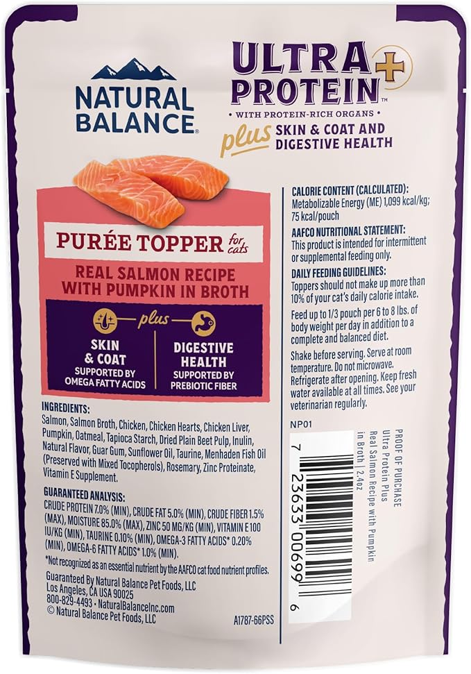 Natural Balance Ultra Protein Plus Wet Cat Food, Skin & Coat and Digestive Health Real Salmon With Pumpkin Puree Topper With Chicken Liver & Chicken Heart, High Protein Cat Food - 2.4 oz. (Pack of 24)