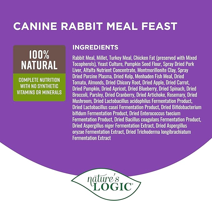 NATURE'S LOGIC Dry Dog Food - 100% Natural - No Synthetics - for All Ages, Sizes, Breeds - Free from Common Allergens, High Protein - Rabbit Meal Feast, 25lbs