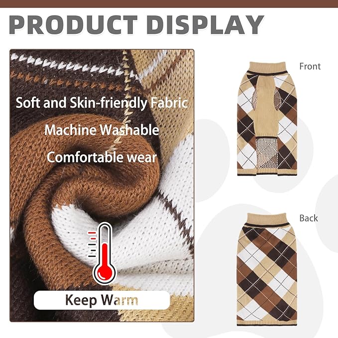 KOOLTAIL Dog Sweater Pet Knitted Clothes - Classic Plaid Pullover Turtleneck Thick Warm Fall Dog Sweaters with Leash Hole, Soft Winter Coats for Small Medium Large Dogs Cats Puppy Girls Boys, S